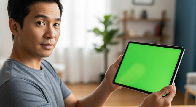 Confident man holding a tablet with green screen for easy content replacement in a modern home setting, presenting a sleek and professional look