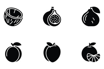 Set of six simple black fruit icons including coconut fig guava peach plum and orange