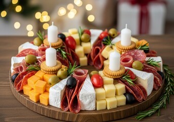 Festive charcuterie board in Christmas wreath shape. Delicious appetizer features cheese, salami, olives, and tomatoes with Advent candles. Gourmet dish for holiday party or Christmas dinner.