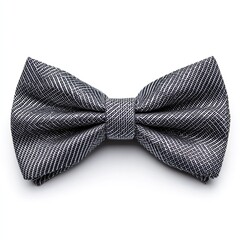 A sophisticated close-up shot of a textured, grey bow tie. The intricate weave and pattern is evident