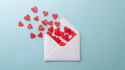 Red paper hearts spilling from white envelope on light blue background, representing love message, charity, or Valentine's Day greeting card.