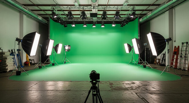 Professional photo studio setup with green screen background for creative video production and photography projects, offering versatile possibilities