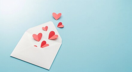 Red paper hearts flying out of a white envelope on a blue background with copy space, symbolizing love, gratitude, or a message for Giving Tuesday.