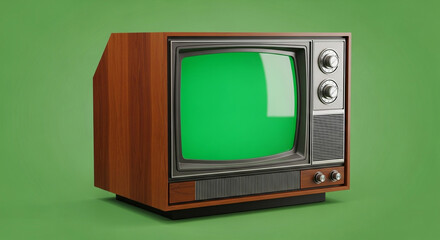 Vintage television with green screen for creative video production and retro advertising campaign mockups on trendy green background in studio setting