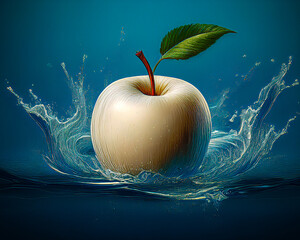 AI made white apple with brown stilk and green leaf falling in water splashing 