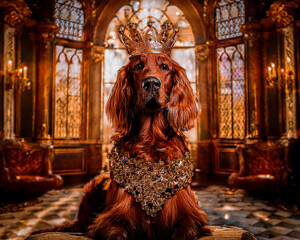 AI made Irish setter dog with crown and jewelry in a thronehall
