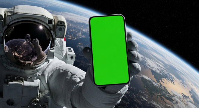 Astronaut displays cutting-edge phone with green screen mockup against Earth's stunning backdrop for space exploration or innovative tech adverts