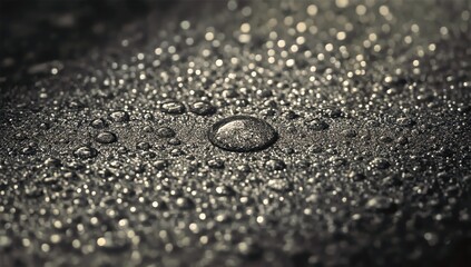 Macro shot of glistening water beads on dark texture