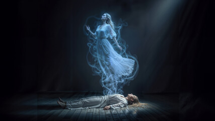 Ethereal soul departing body in near-death experience with luminous spirit form ascending through mystical light in transcendent spiritual moment