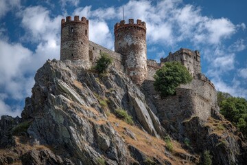 Majestic ancient fortress perched atop rocky cliff under clear blue sky in the countryside showcasing medieval architectural elegance and historical significance