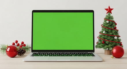 Showcase your brand this holiday season with this laptop mockup featuring a vibrant green screen and festive Christmas decorations, perfect for ads