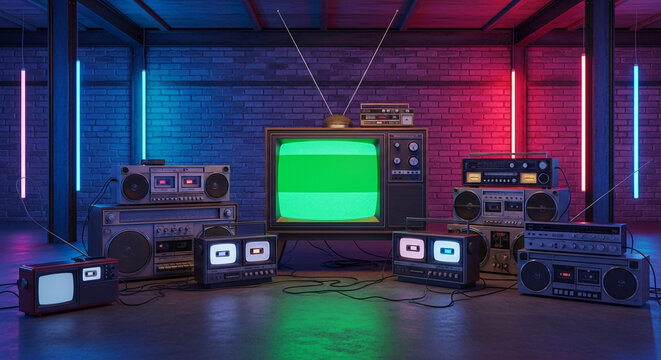 Vintage TVs and Boomboxes in Retro 80s Style Room with Neon Lighting for Music Lovers and Nostalgic Vibes, Perfect for Throwback Themes