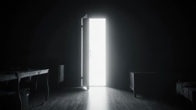 Light shines from door opening in dark room. Fills the space with bright white light in 4K resolution. 