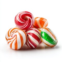 A pile of colorful candies in various shapes and designs. They feature vibrant swirls and patterns, showcasing a range of delicious treats.