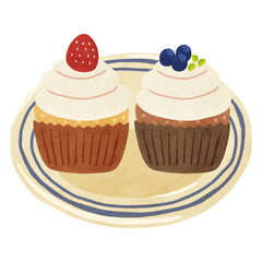 皿に盛り付けたいちごとブルーベリーのカップケーキ　水彩風手描きイラスト