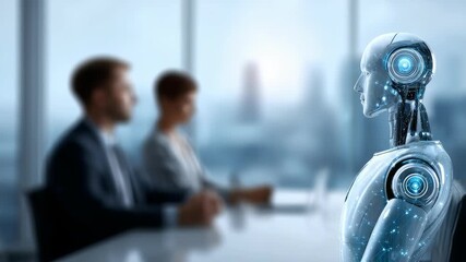 A humanoid robot participates in a business meeting, symbolizing the rise of AI in corporate environments. The scene highlights technology collaboration and digital transformation trends - Powered by Adobe