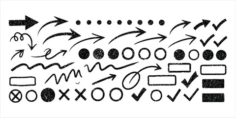 Black Grunge Style Arrows Checkmarks Circles and Shapes on White Background cross