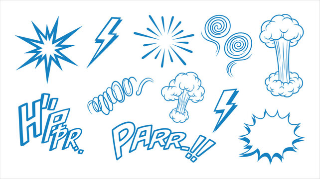 Blue Comic Book Style Sound Effects and Explosions on White Background lightning bolt starburst