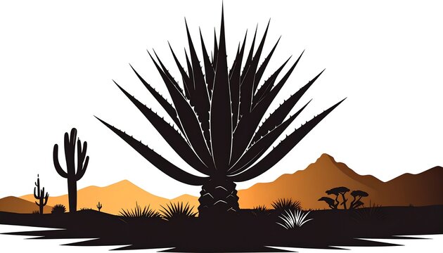 Silhouetted desert landscape with agave, cacti, and mountains at sunset.