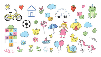 Whimsical Hand- Drawn Collection of Children's Illustrations Featuring Toys Animals and Nature Elements