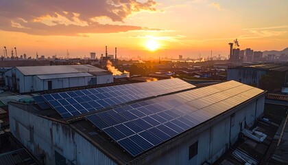 Solar panels installed on industrial building rooftops at sunrise, showcasing a sustainable energy solution in an urban setting.