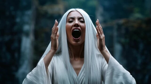 Faceless banshee with flowing white hair screaming into the night, standing near ancient ruins