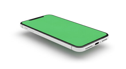 Modern smartphone with green screen display for app mockup and digital content presentation on white background