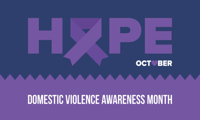 Domestic Violence Awareness Month in October. Celebrate annual in United States. Awareness purple ribbon. Day of Unity. Prevention campaign. Stop women abuse. Poster, banner and background. Vector