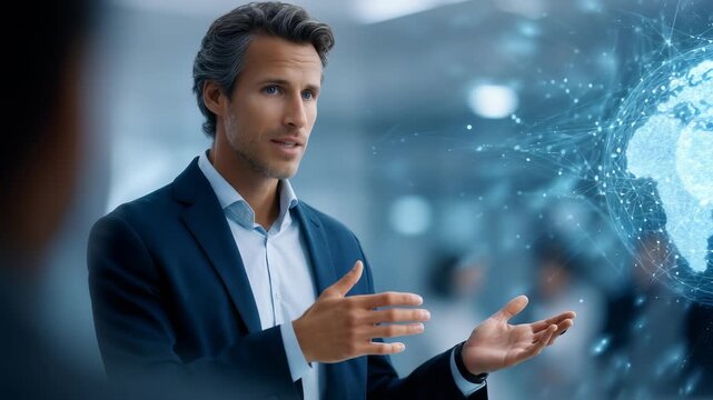 A well dressed businessman explains advanced digital strategies, emphasizing global connectivity and innovation. The scene captures a high tech, forward thinking corporate atmosphere