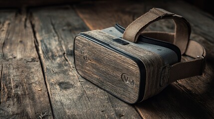 Smartphone-compatible VR headset resting on old wood texture.