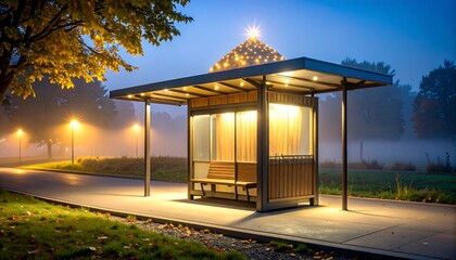 Lit Bus Shelter on Paved Path at Dusk in Park