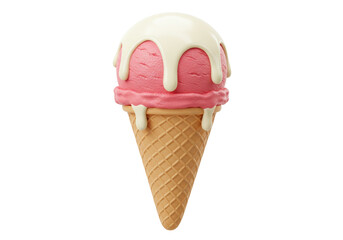 Strawberry ice cream cone with white cream PNG illustration isolated on transparent background Sweet dessert for summer