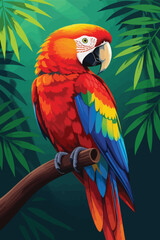 Vibrant Macaw Parrot on Branch with Green Foliage