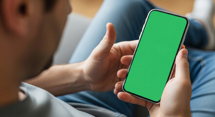 Relaxed person holds a modern smartphone with a vibrant green screen display, perfect for showcasing new apps, content, and digital experiences.