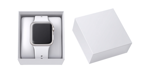 Modern smartwatch with white band in its box, showcasing technology and design Concept of wearable tech, gift, and new gadget