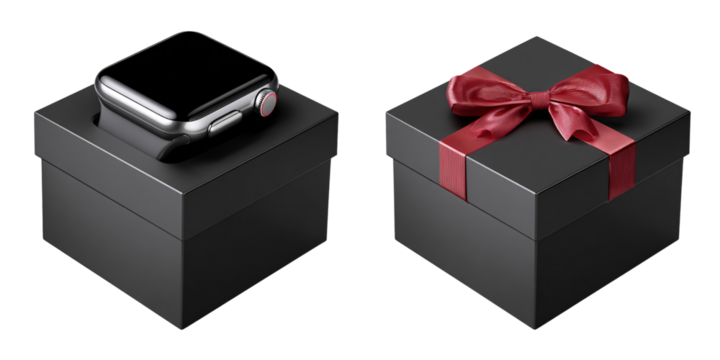 Smartwatch in black gift box with red ribbon, luxury present for special occasion, modern technology and elegant packaging