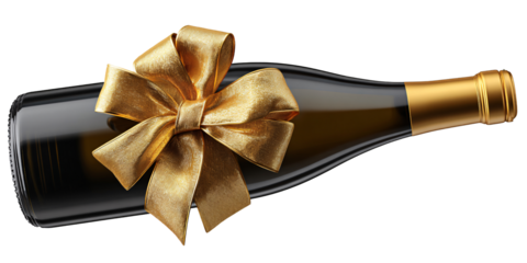 Elegant champagne bottle with golden bow on black background Festive gift of sparkling wine for celebration, anniversary, or special occasion