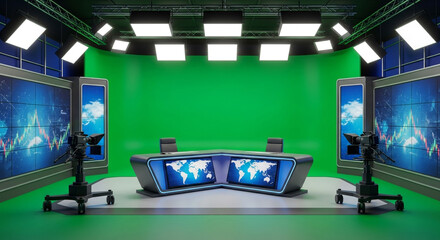 Professional broadcast news studio with green screen and advanced technology ready for compelling virtual sets and live streaming