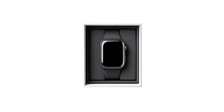 Modern black smartwatch in its box, showcasing sleek design and technology Concept of wearable tech, fitness tracking, and digital lifestyle