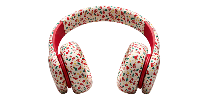 Festive Christmas themed wireless headphones with red accents on a black background for holiday listening and seasonal cheer