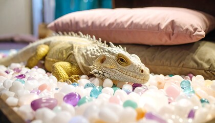 Lizard Resting on Decorative Stones with Pillows in Background