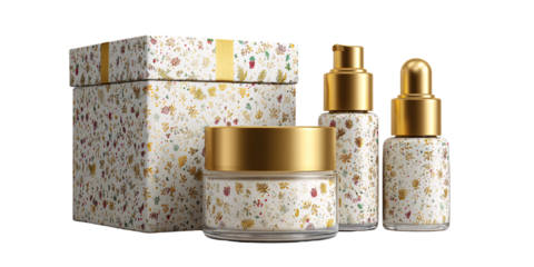 Elegant skincare set with floral pattern and gold accents, featuring cream jar, serum bottle, and gift box for beauty and cosmetic product presentation