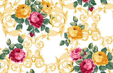seamless flowers and baroque pattern. Hand draw textile pattern. 