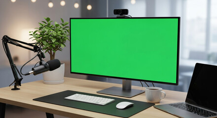 Professional podcasting and streaming desk setup with a vibrant green screen monitor, high-quality microphone, and webcam for dynamic content creation.
