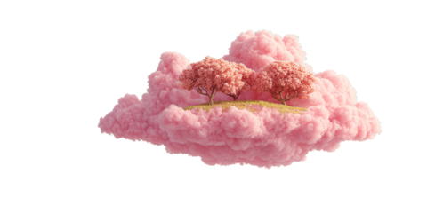 Dreamy pink cloud island with cherry blossom trees, fantasy landscape in pastel colors Concept of serenity, imagination, and whimsical nature