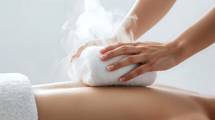 Naklejka premium Wellness Hot steam towel massage therapy on back in spa for relaxation and wellness treatment, natural healing