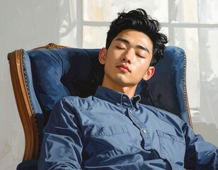 A stylish young man reclines in a luxurious antique armchair, bathed in soft sunlight, exuding a serene and peaceful mood.