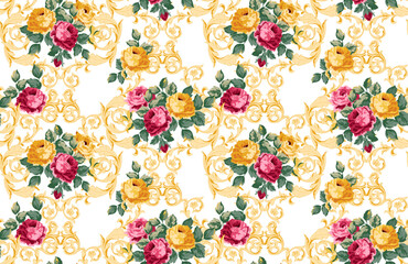 seamless flowers and baroque pattern. Hand draw textile pattern. 