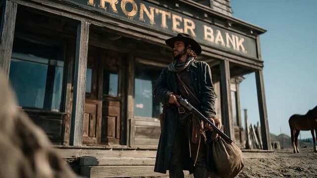 The story of a Western Outlaw at Frontier Bank amidst a vast desert landscape
