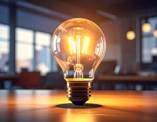A luminous incandescent light bulb, glowing warmly on a wooden surface, highlights a modern office setting.